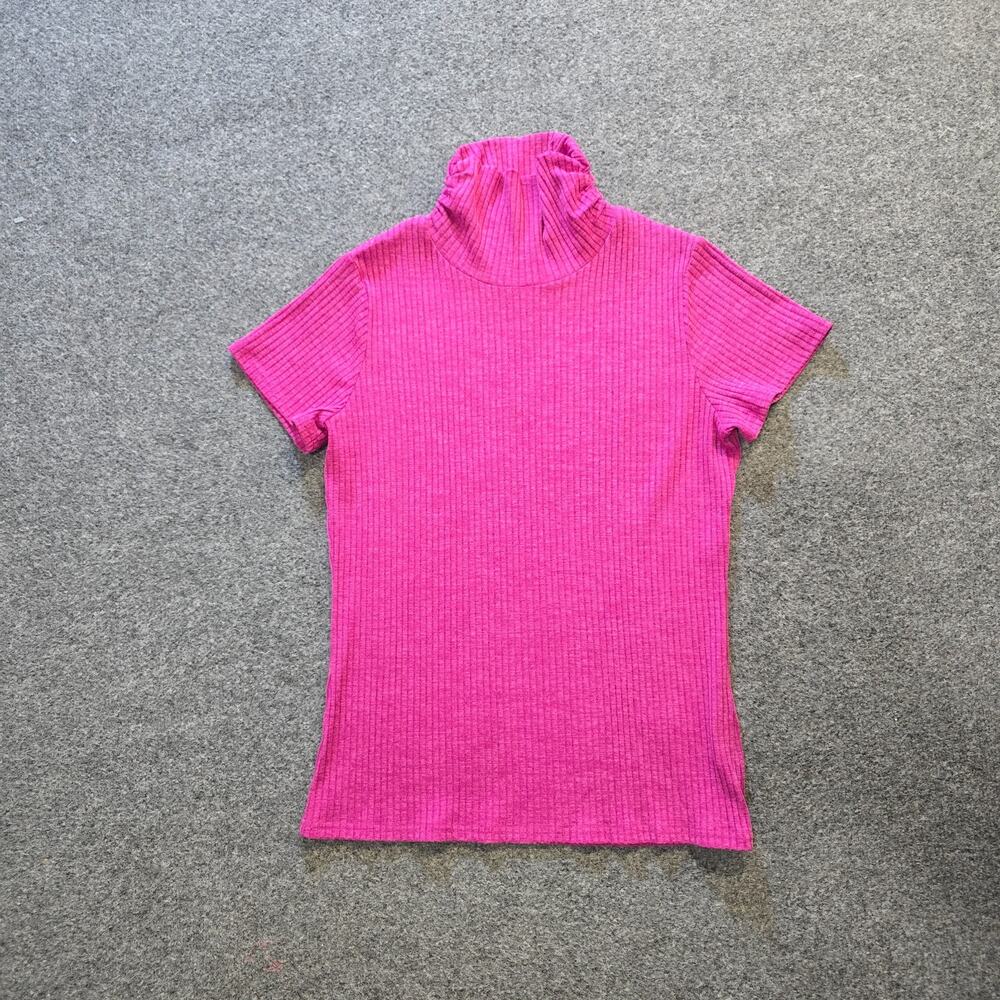 Sara Campbell Top Womens Large Pink Ribbed Knit Turtleneck Short Sleeve Casual